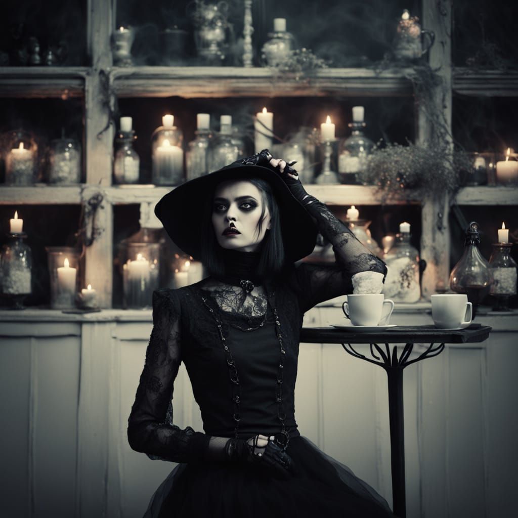 Gothic Surrealism: Goth Model in Foggy Coffee Shop