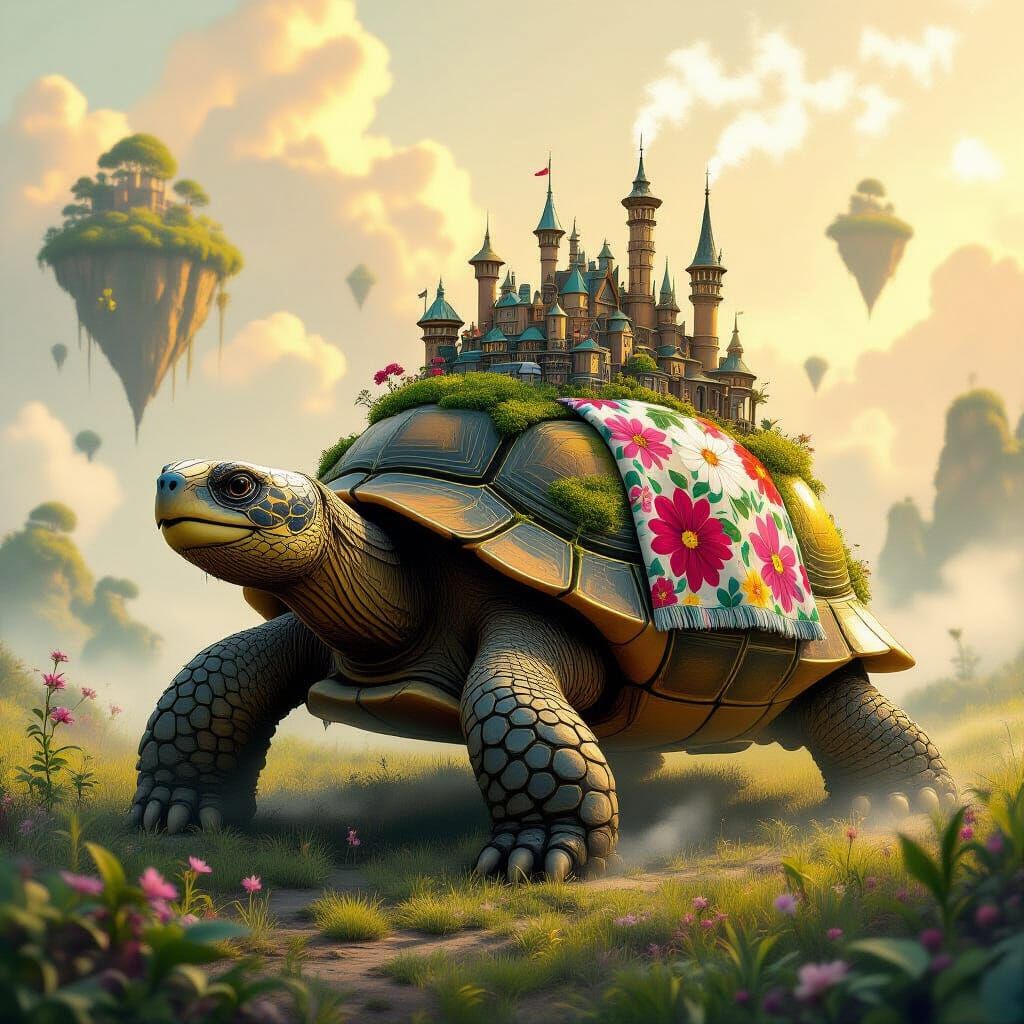 Steampunk City on Giant Tortoise in Dreamy Landscape