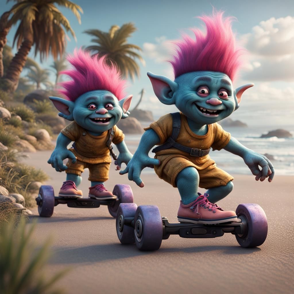 Hyperrealistic Trolls Rollerblading on a Beach