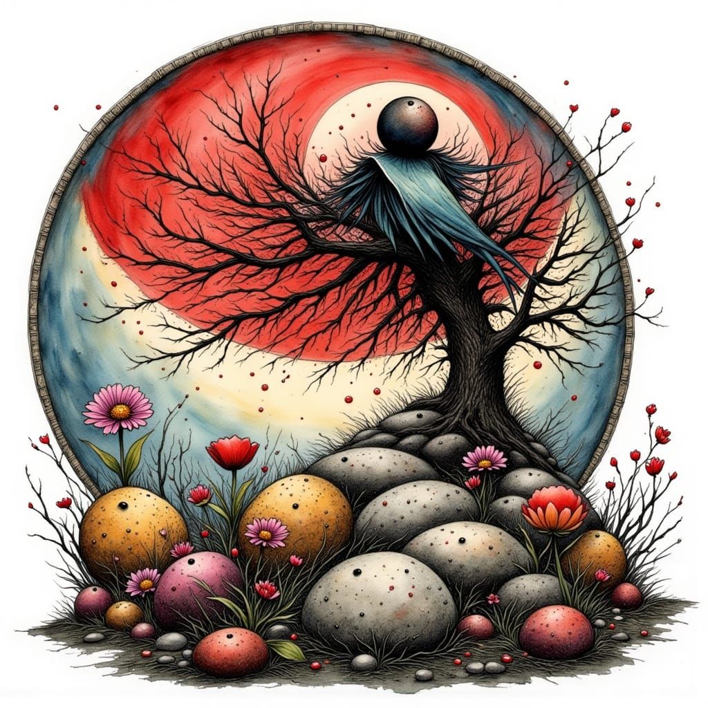 Red Mystery Unveiled in Charcoal and Ink Style