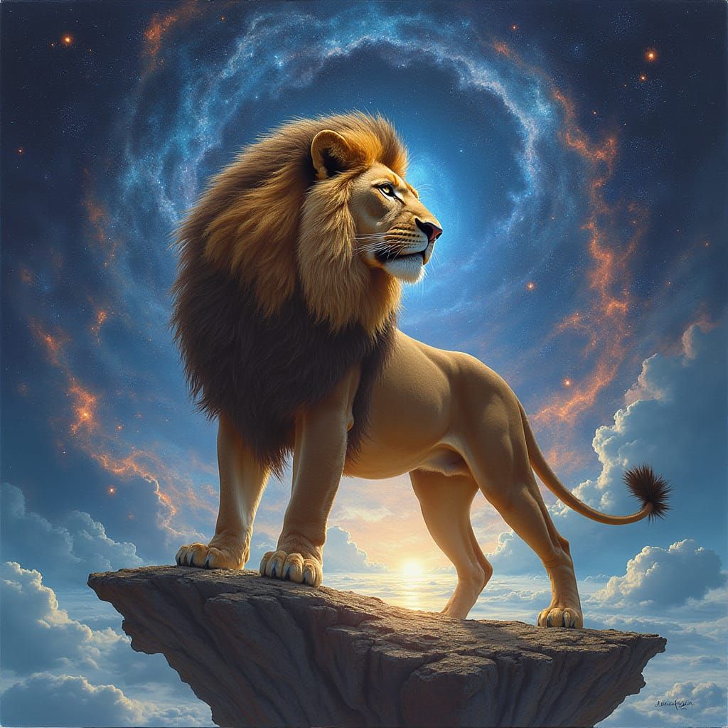 Cosmic Lion on Floating Island in Space Opera Style