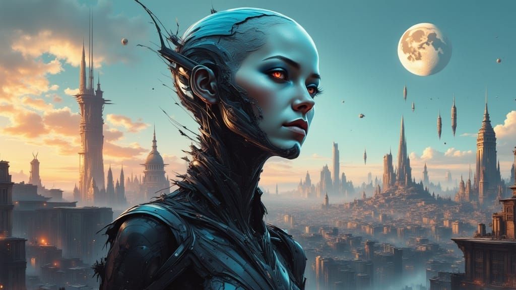 Alien City Panorama with Two Moons and Flying Objects