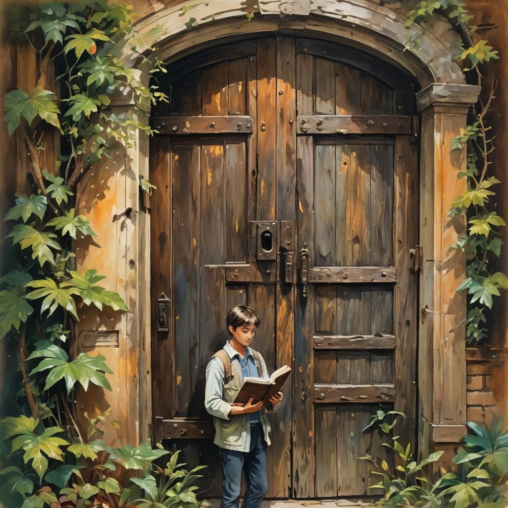 Person with Book Before Old Door: Impressionist Painting