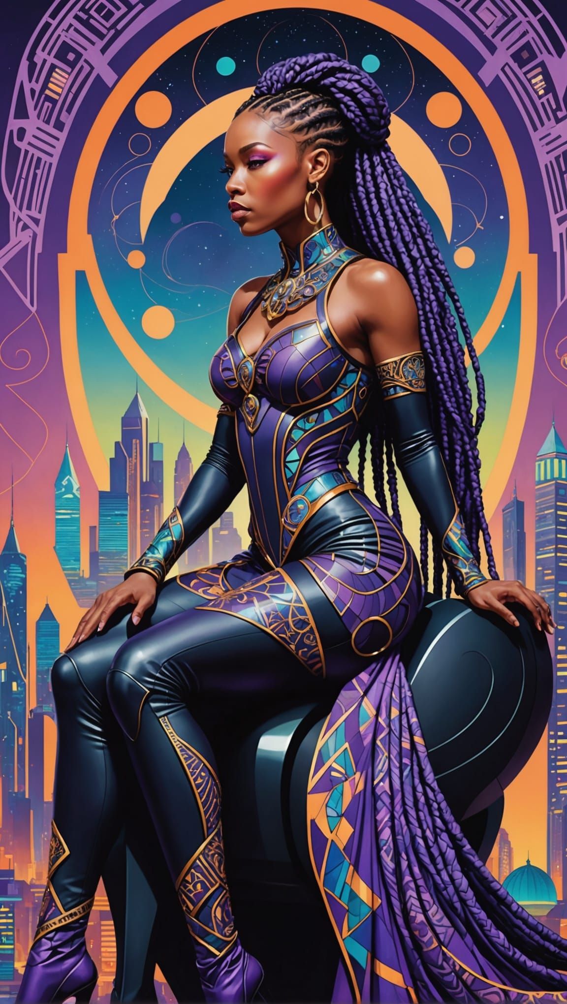 Black Woman on Cyberhorse Overlooking Future Cityscape