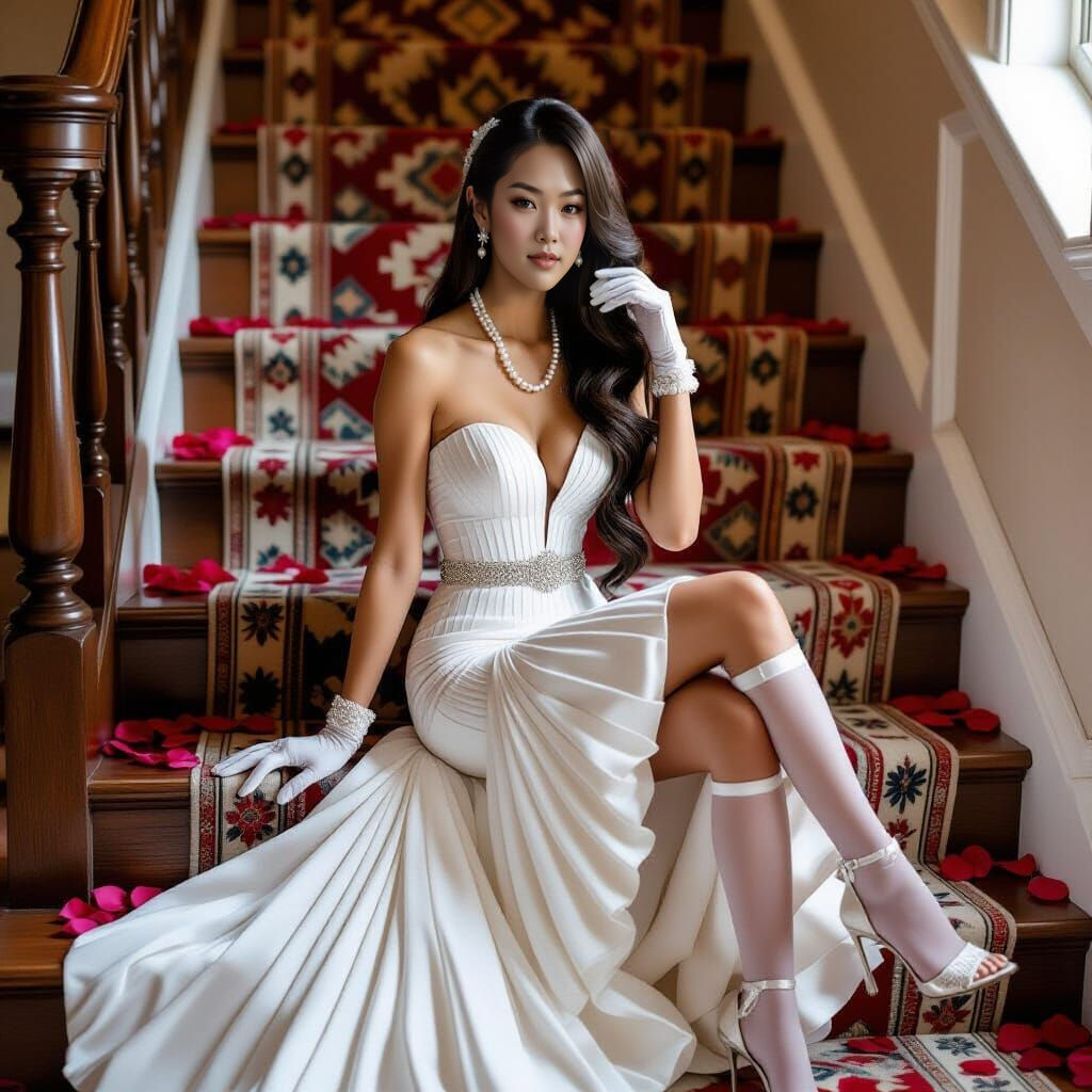 Elegant Asian Woman in Wedding Dress on Stairs