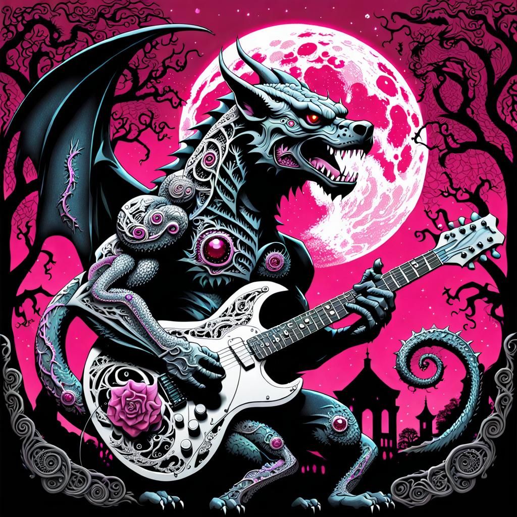 Intricate Dragon Guitar in Rockabilly Goth Style