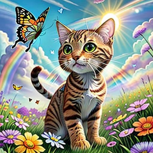cute baby brown tabby cat with big head and eyes chasing a butterfly through a field of grass and beautiful flowers with...