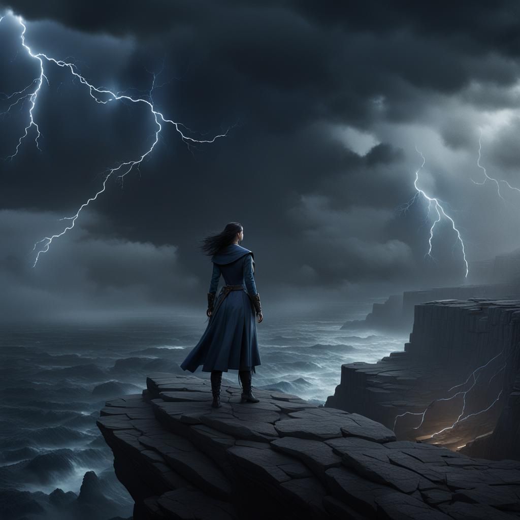 Woman on Cliffside During Storm, Detailed Matte Painting