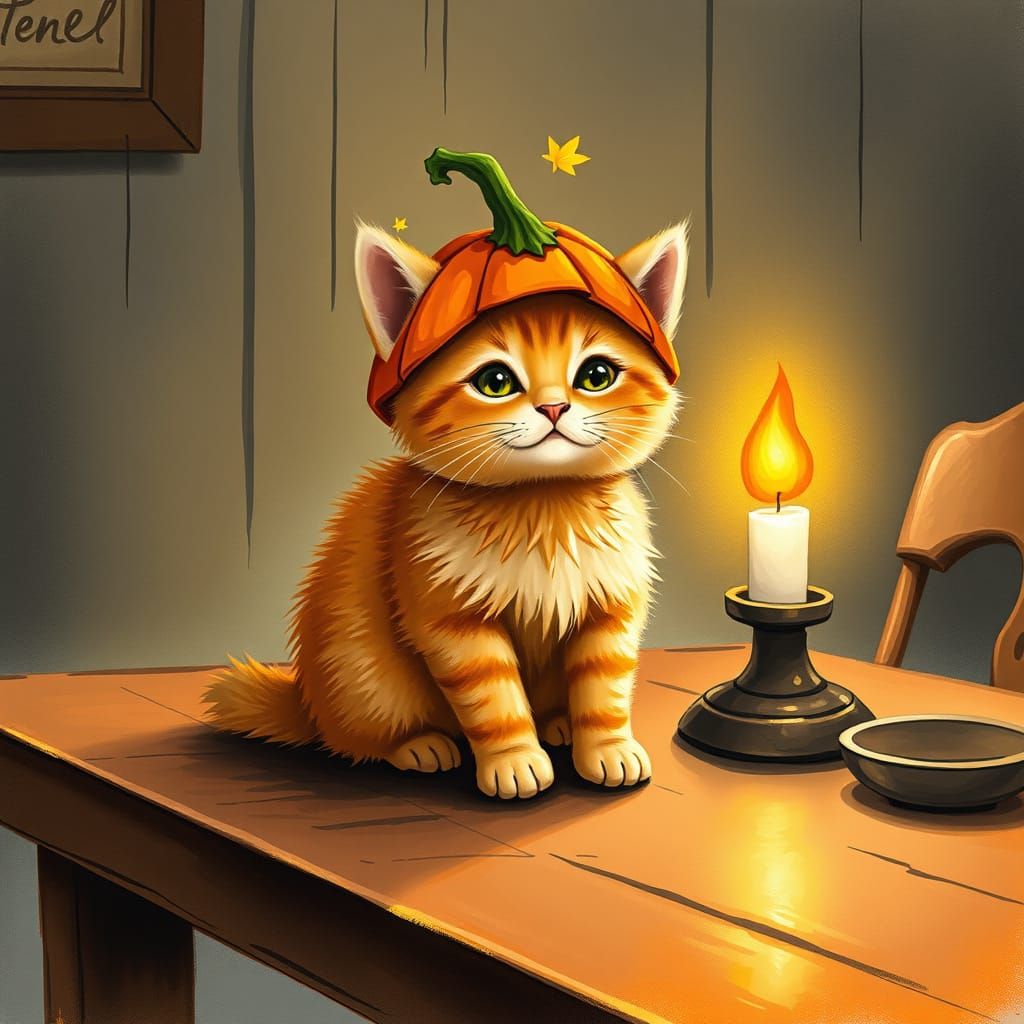 Fluffy Kitten in Jack-o'-Lantern Costume by Candlelight