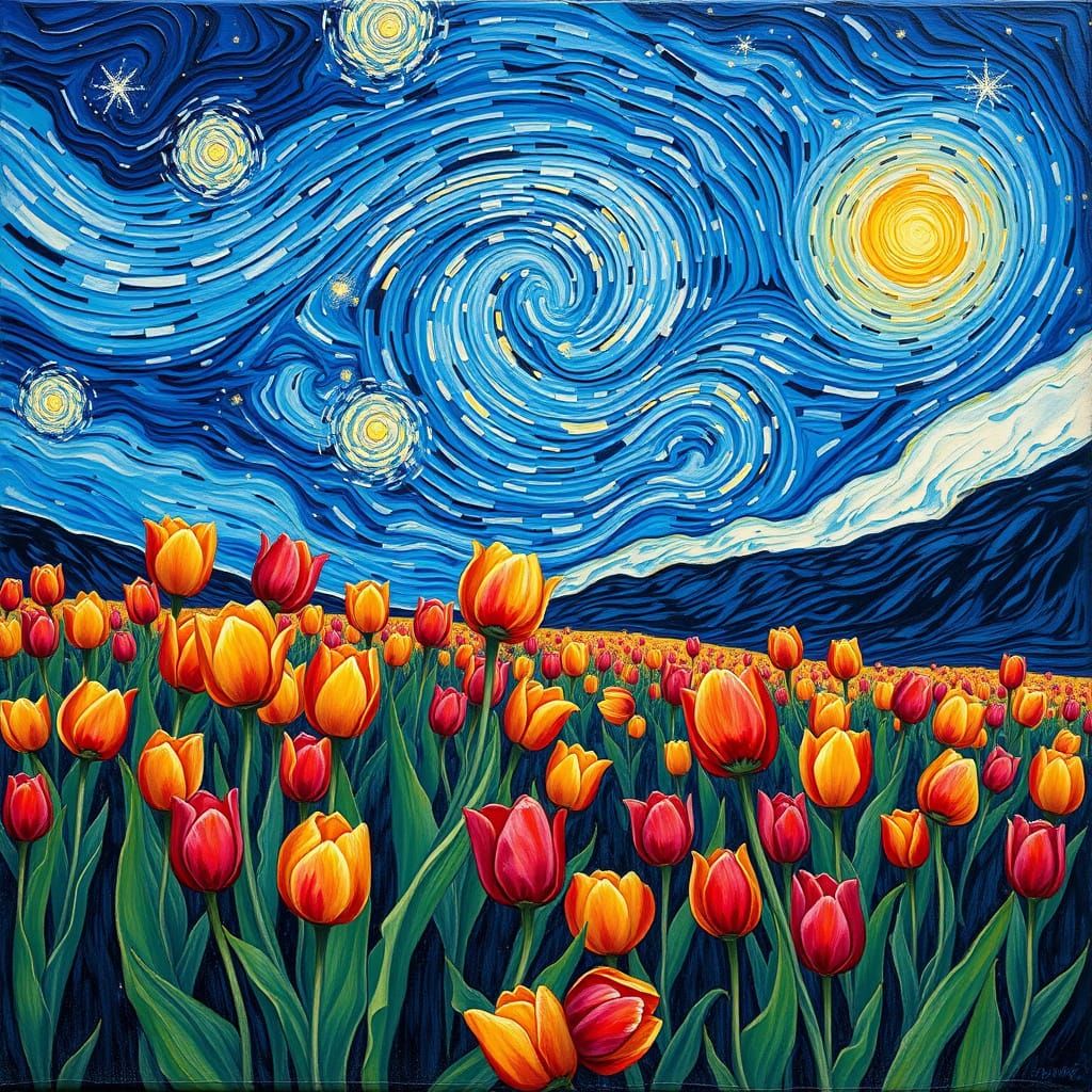 Surrealist Tulip Field Under Starry Night Sky in Post-Impres...