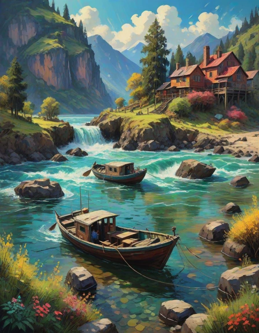 Dramatic River Scene in Expressionist Oil Painting Style