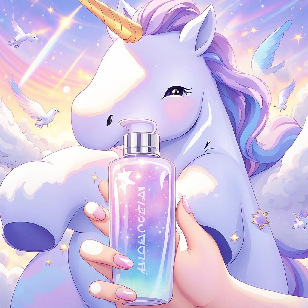 Happy Unicorn Flying with Hand Cream in Anime Style