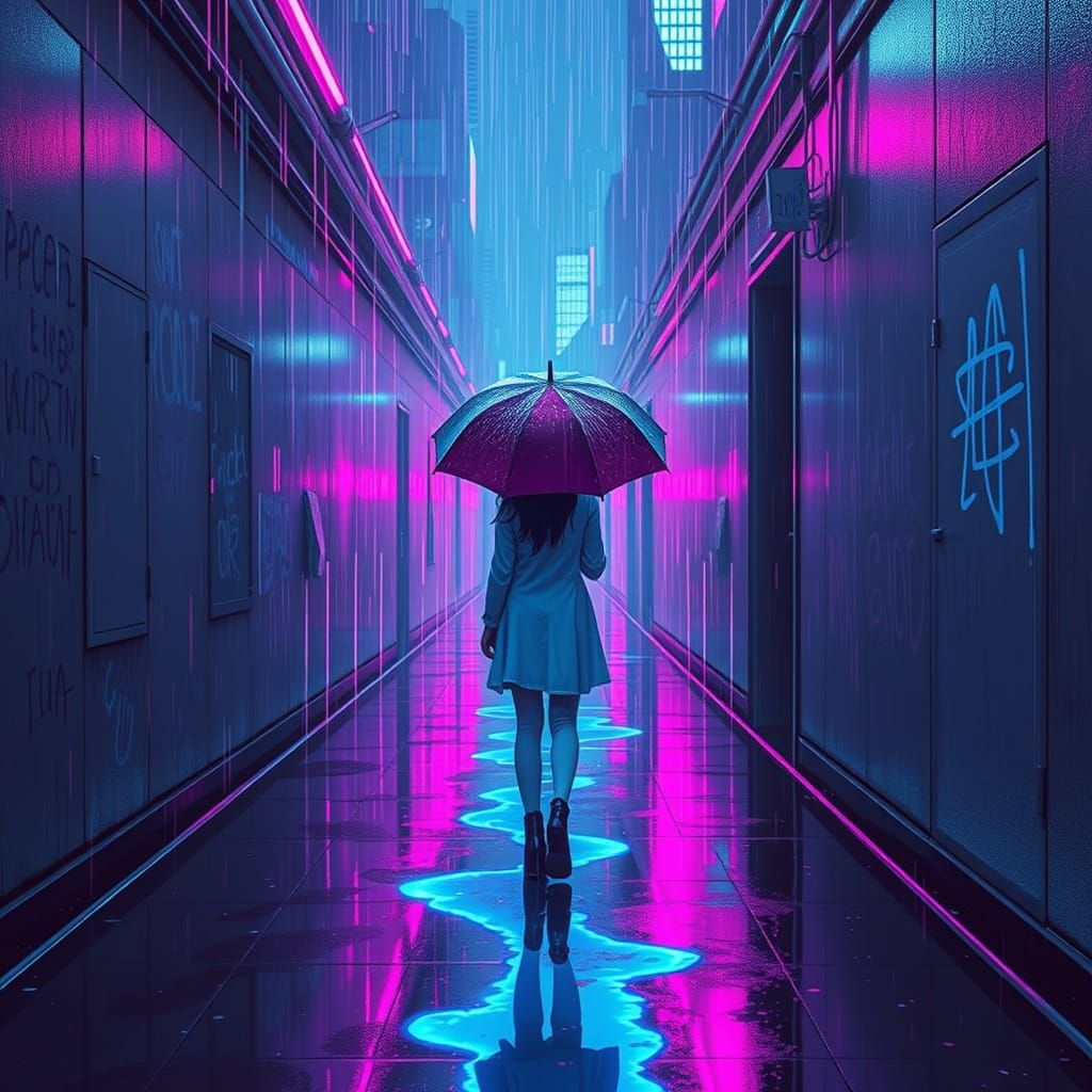 Girl Walks Alone in Neon Rainstorm Alleyway