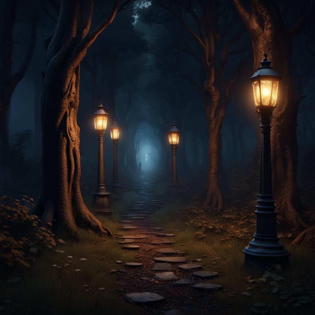 Midnight Woodland Path in Detailed Matte Painting