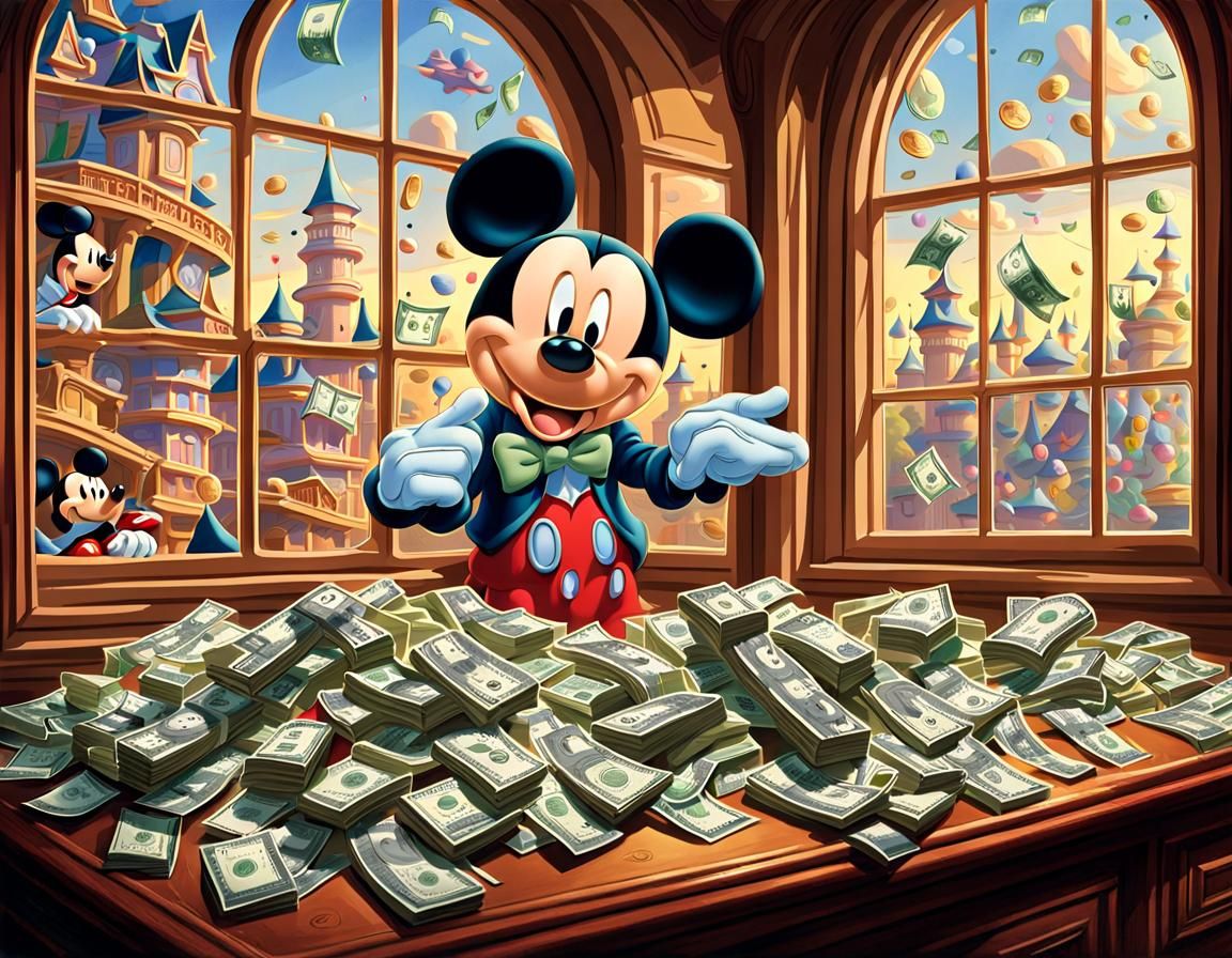 Mickey Mouse counting the all the money he makes off suckers