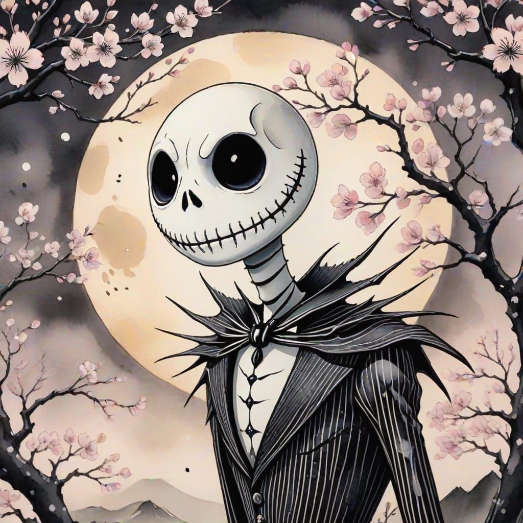 Jack Skellington in Traditional Japanese Ink Wash Style