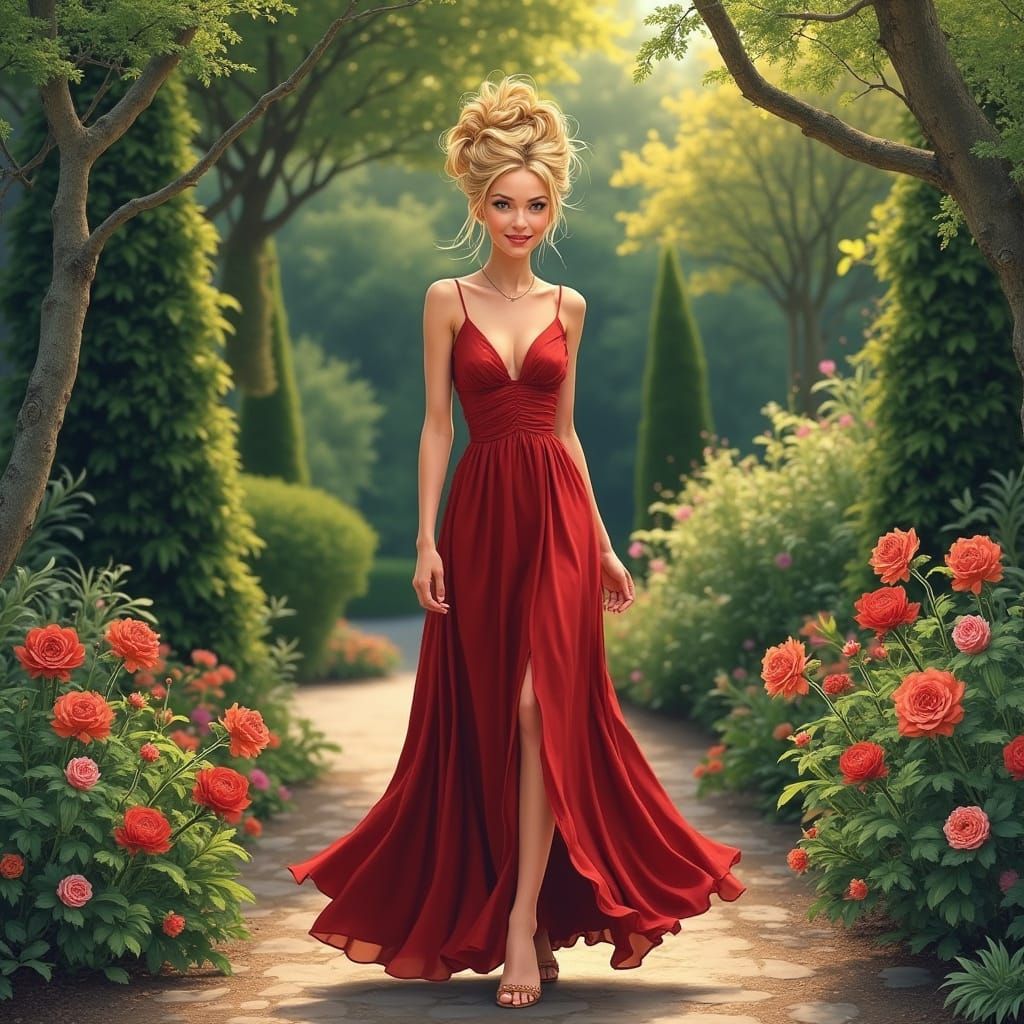 Elegant Woman in Garden, Digital Art Style