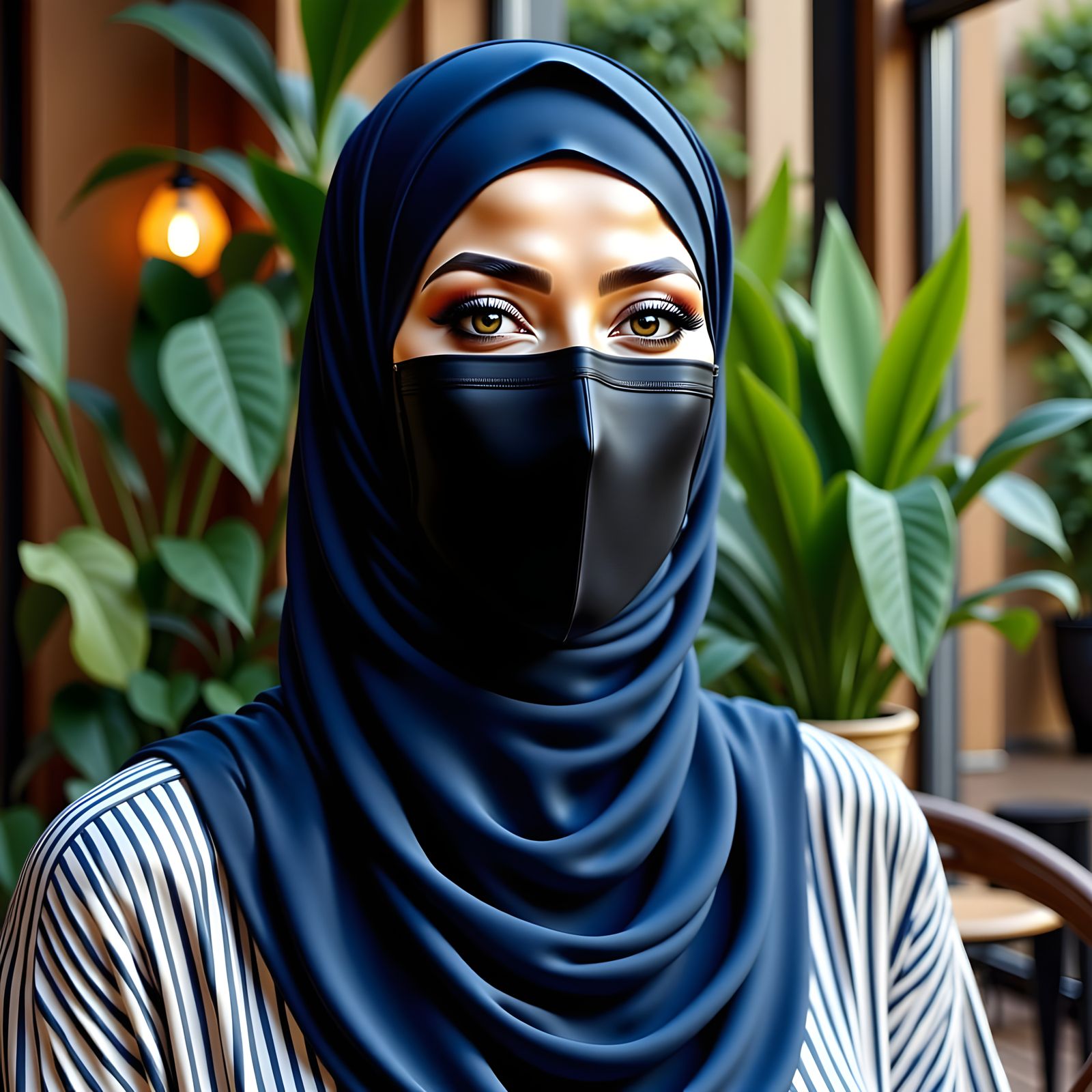 Hijabi Woman in Cozy Office with Lush Plants