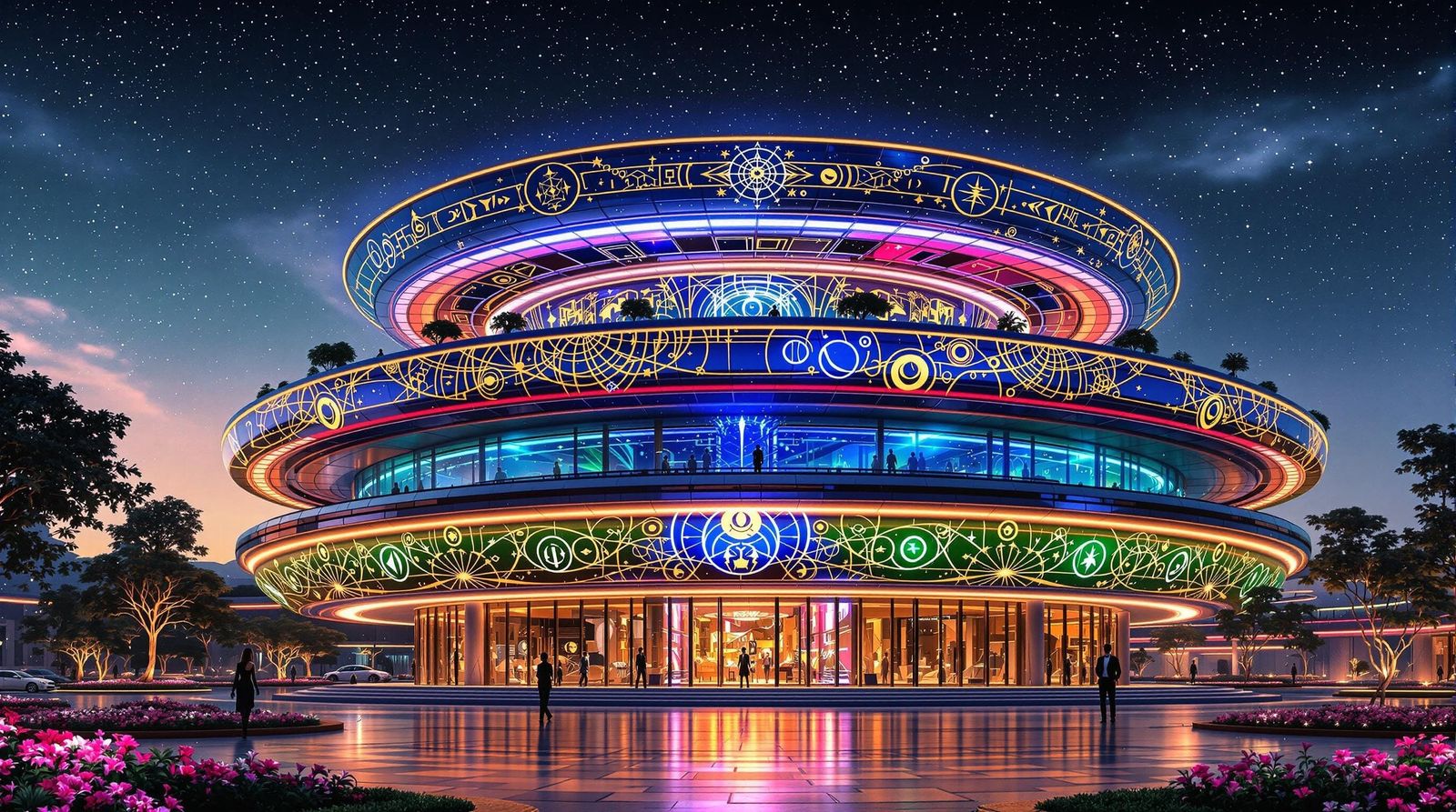 Symmetrical Futuristic Building in Klimt-Inspired Style