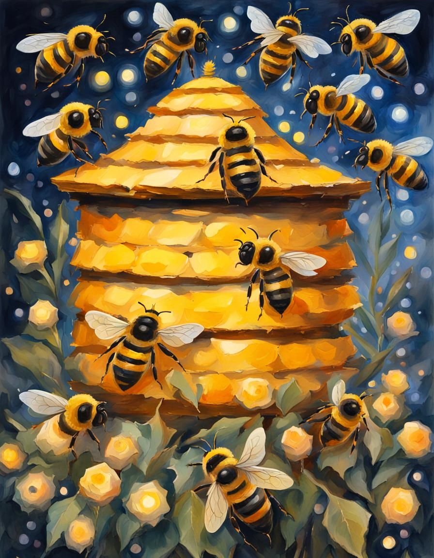 Beehive with Queen Bee in Gouache Watercolor