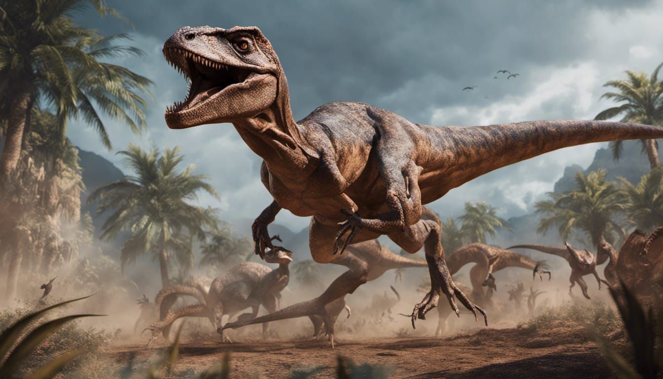 Velociraptors Attack T-Rex: Detailed Matte Painting