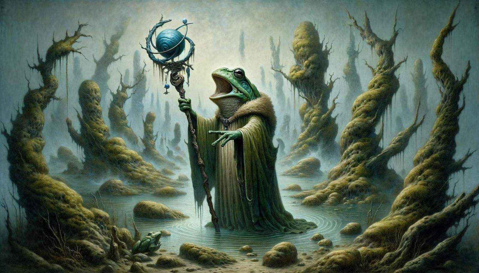 Surreal Frog Advisor in Misty Swamp
