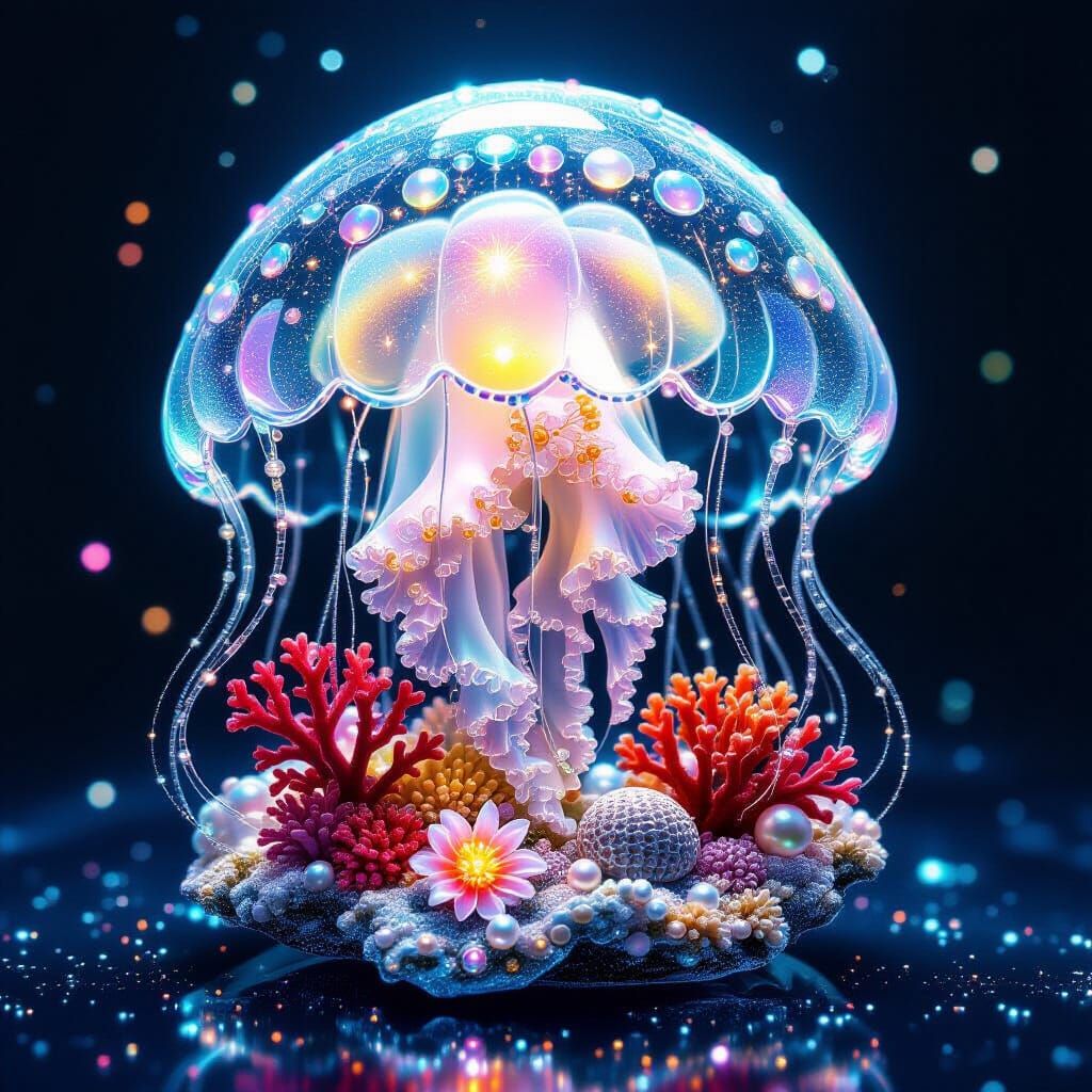 Crystal Jellyfish Sculpture with Coral Reef, Digital Art