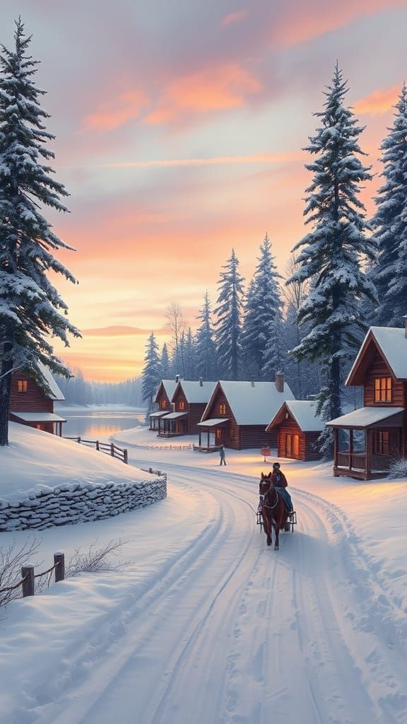 Winter Village at Dusk in Minimalist Style