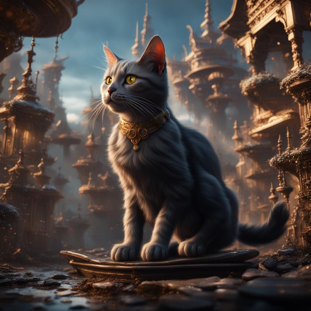 Fantastical Hovering Cats in Detailed Digital Painting