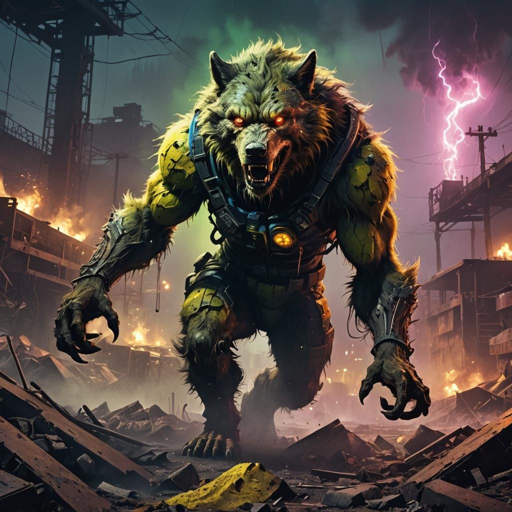Radioactive Werewolf Concept Art in Cyberorganic Style