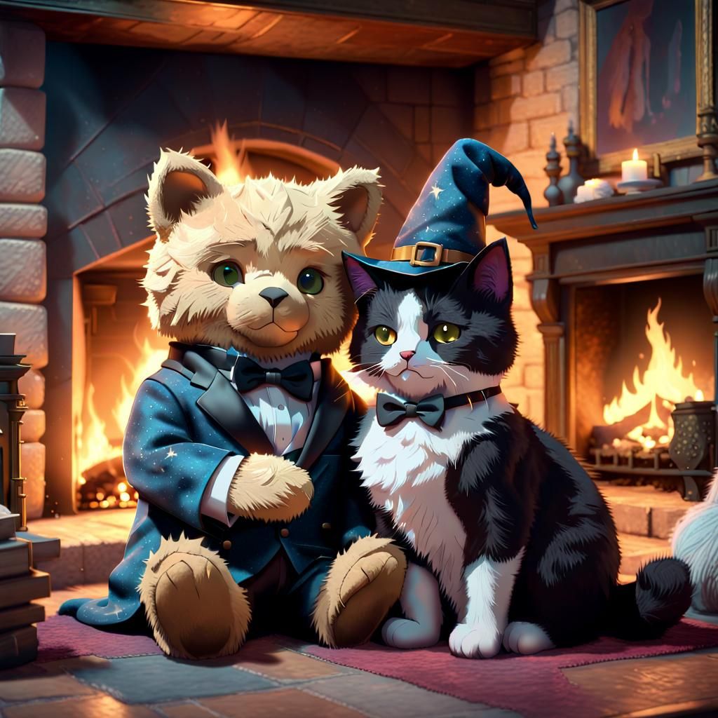 Cozy Cat and Wizard Teddy Bear Fantasy Art