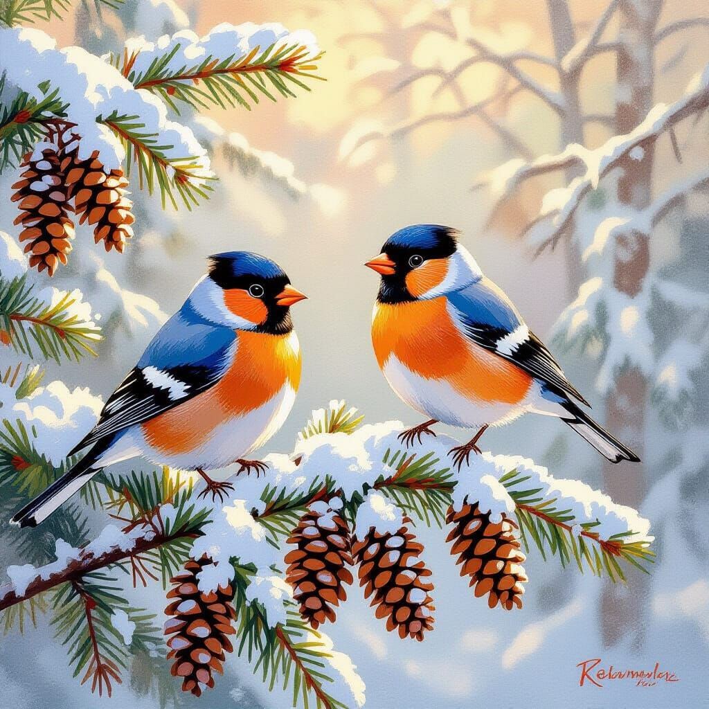 Bullfinches on Snowy Spruce Branch in Winter