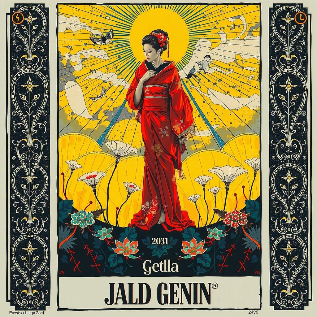 Elegant Geisha in Crimson Kimono Amidst Luminous Botanicals