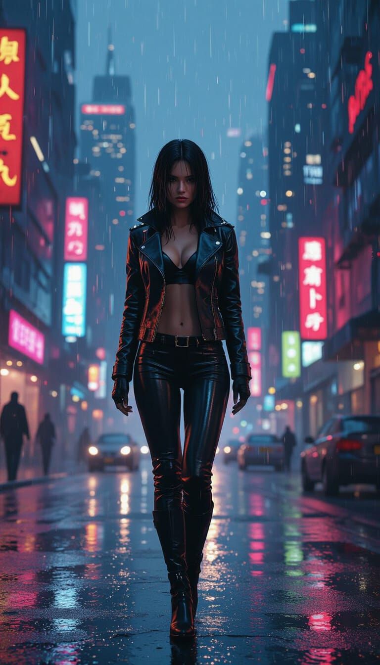 Sci-Fi Woman in Rainy Cyberpunk City, Detailed Matte Paintin...