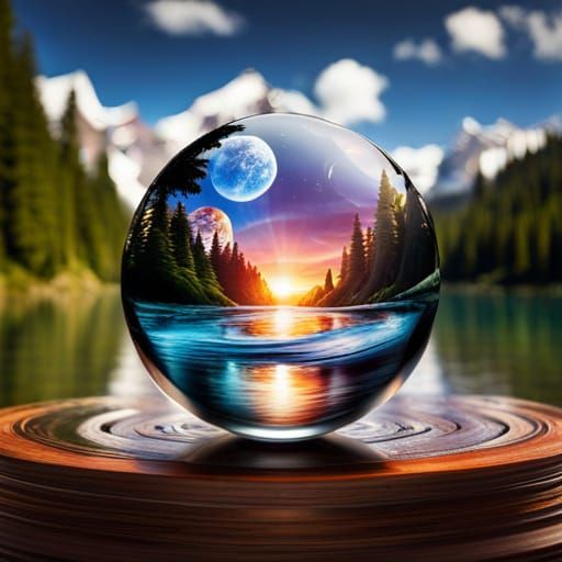 Glass Orb on Mountain Lake in Abstract Style