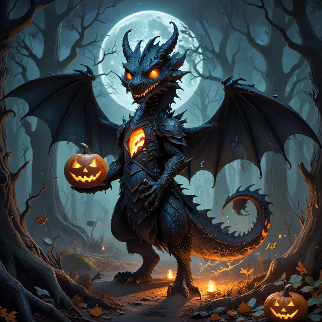 Friendly Black Dragon in Witch Costume with Jack-o'-Lantern