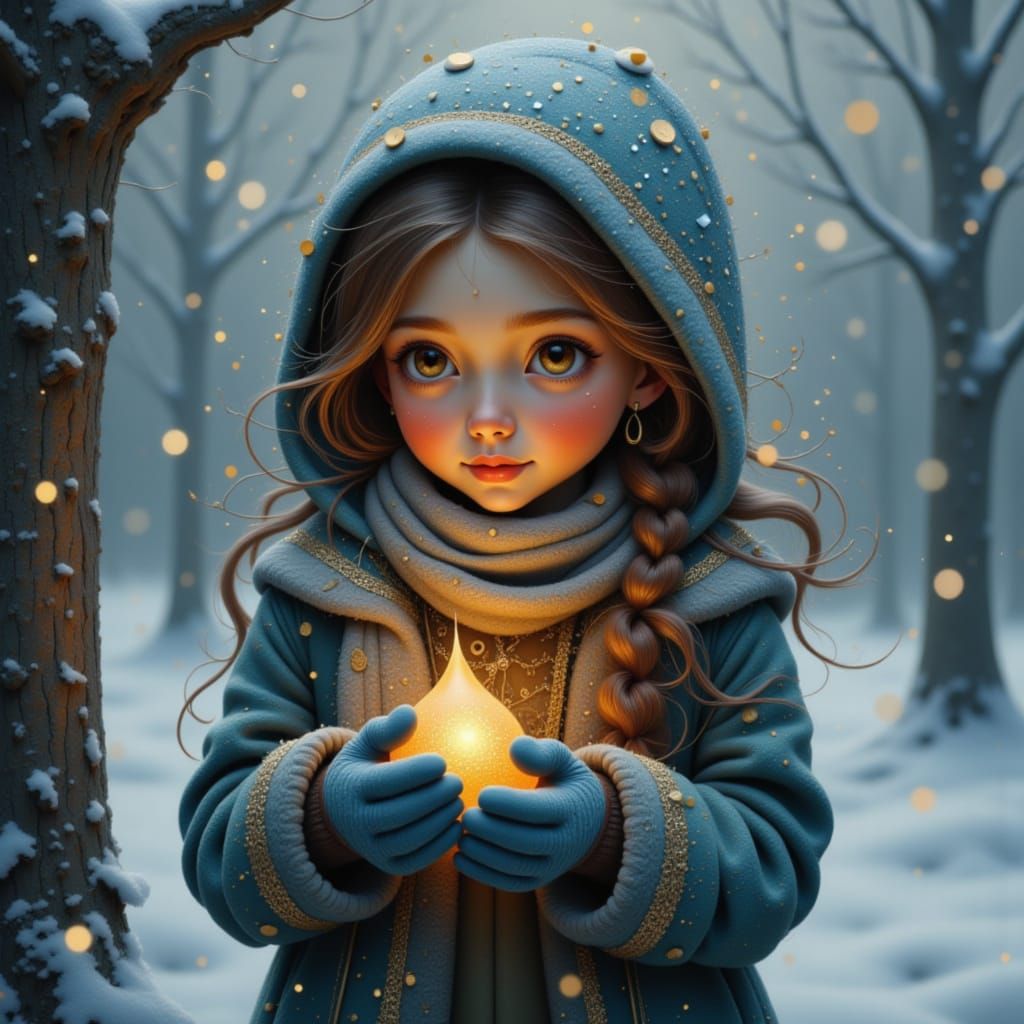 Girl Gazes At Glass Fairy In Monochromatic Blues And Greys