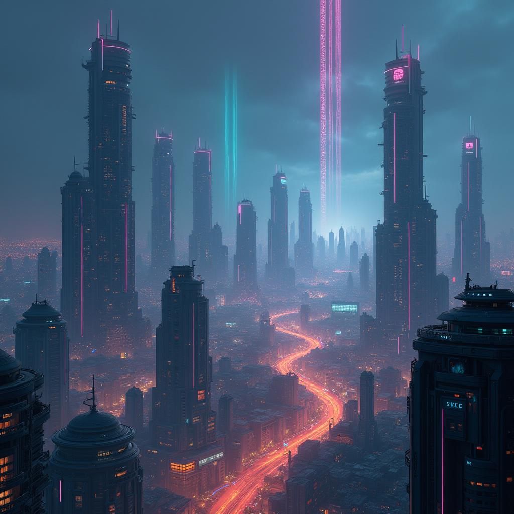 Neon Cityscape in Soft Sci-Fi Style