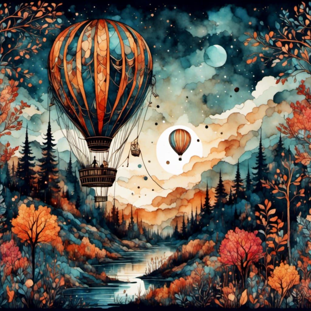Night Landscape with Hot Air Balloon, Stylized Digital Art