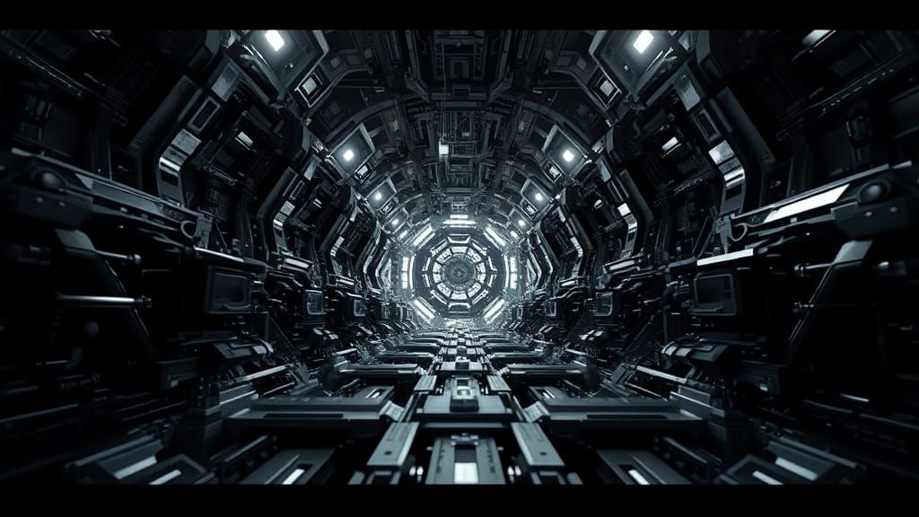 Cinematic Black and White Sci-Fi Landscape with Intricate Me...