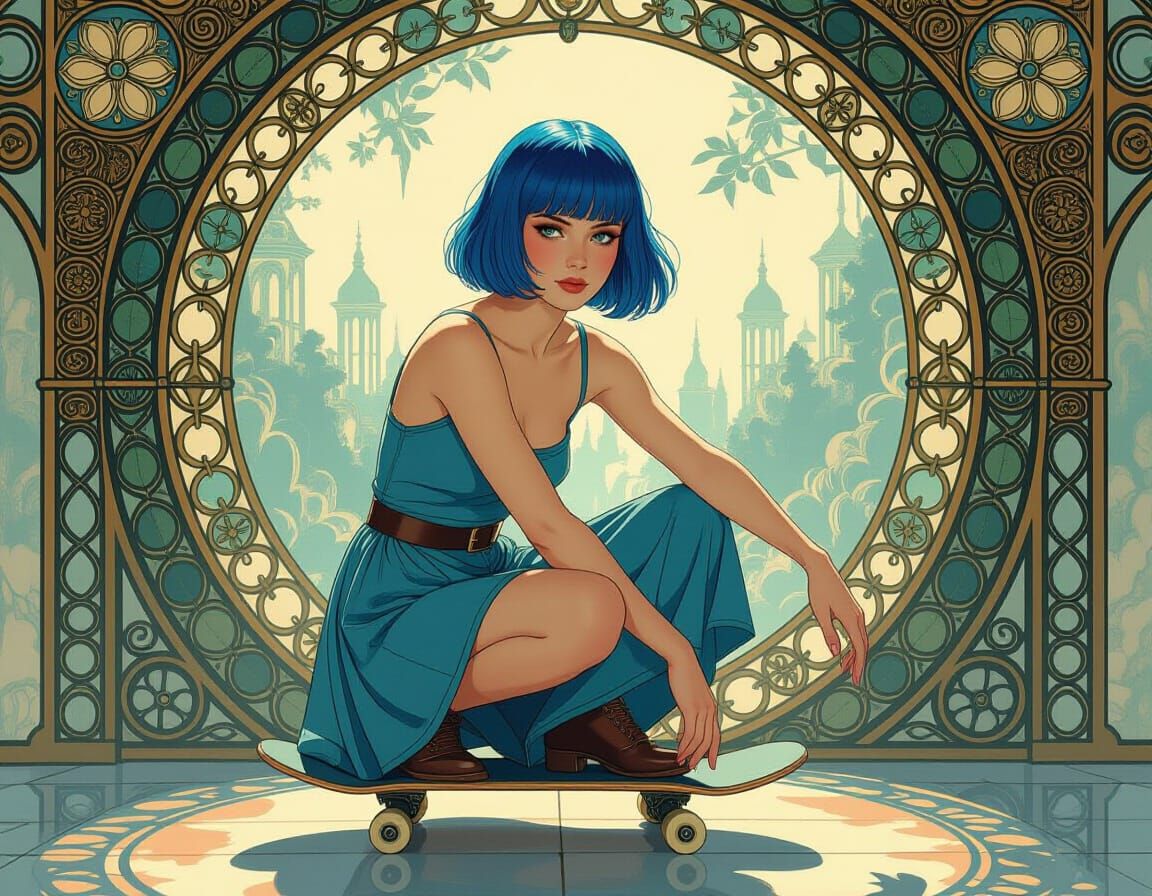 Skater Woman: Surreal Realism in Art Nouveau Style