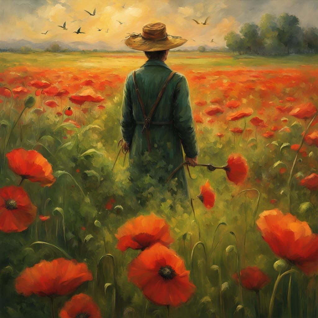 Impressionist Scarecrow in Poppy Field with Birds
