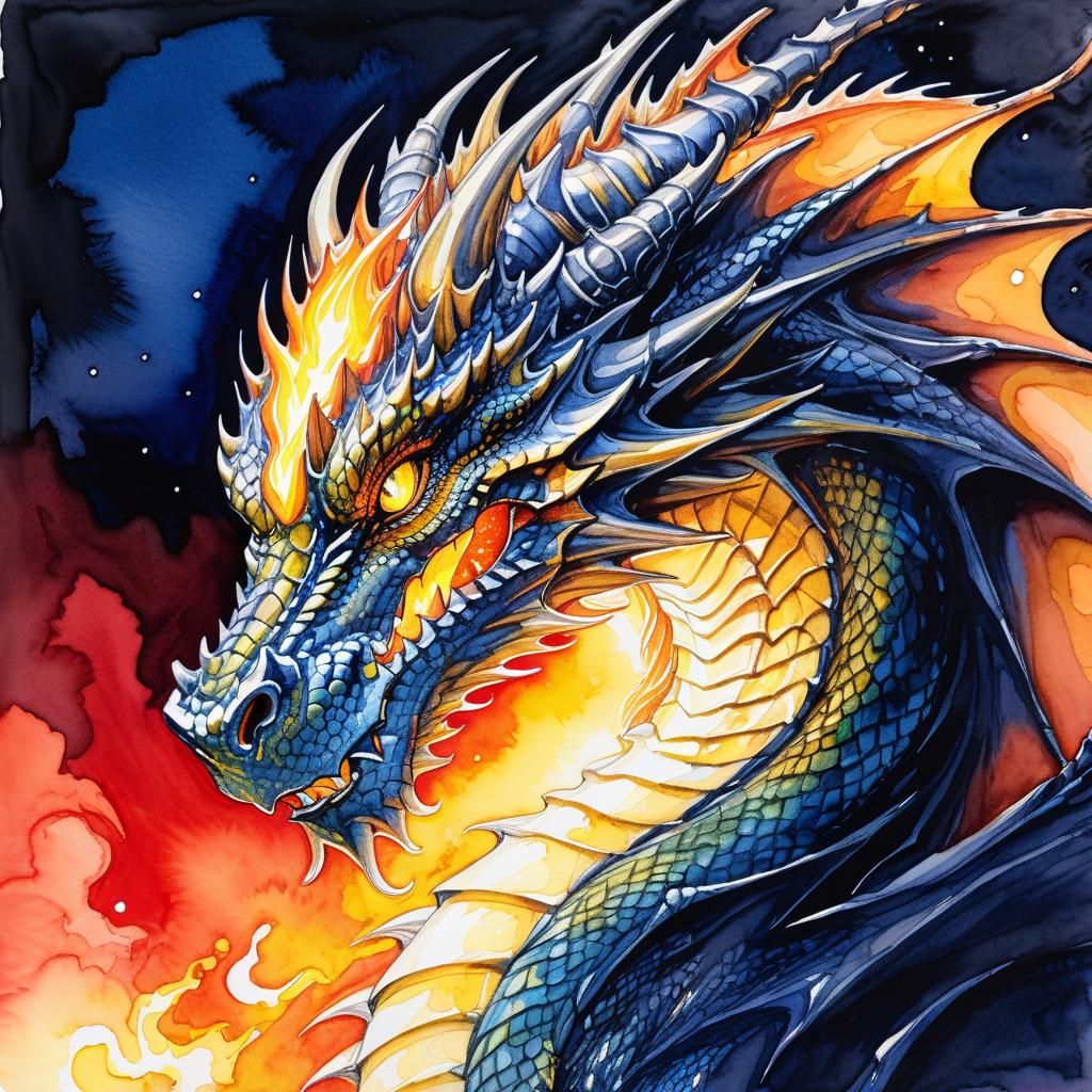 Night Watch Dragon in Watercolor Fantasy Art