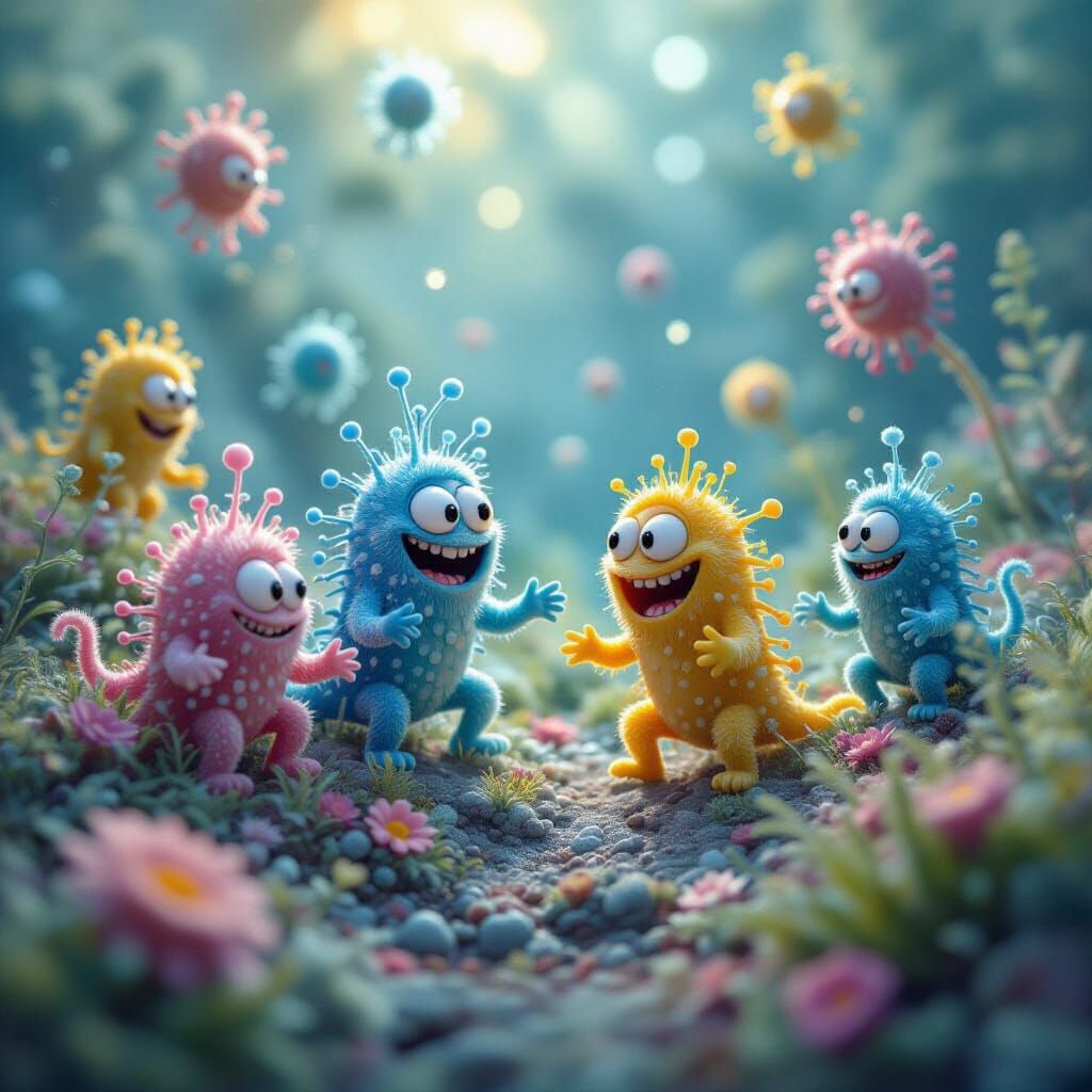 Whimsical Germs in Microscopic World, Cartoonish Antics