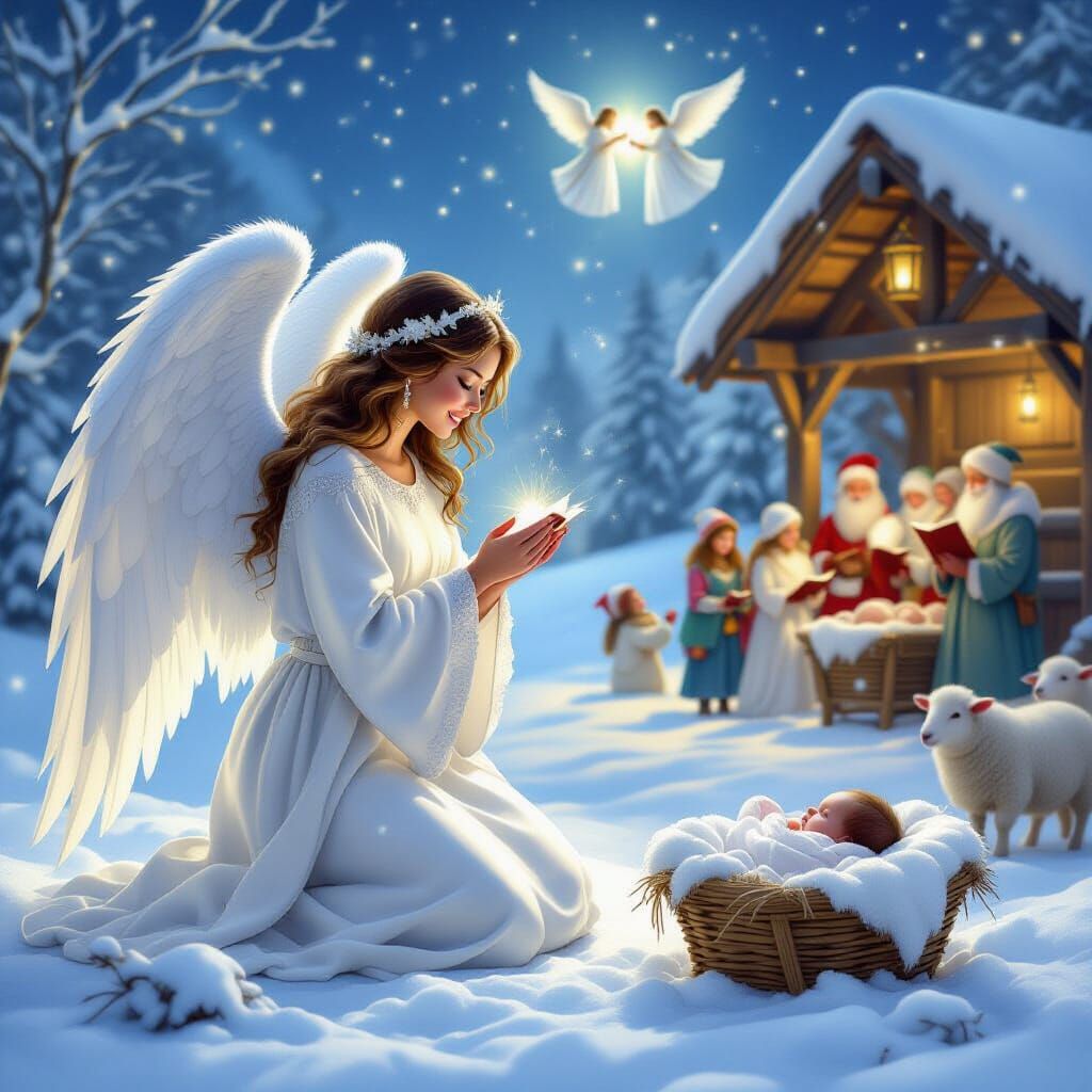 Guardian Angel Kneeling in Snowy Winter Scene