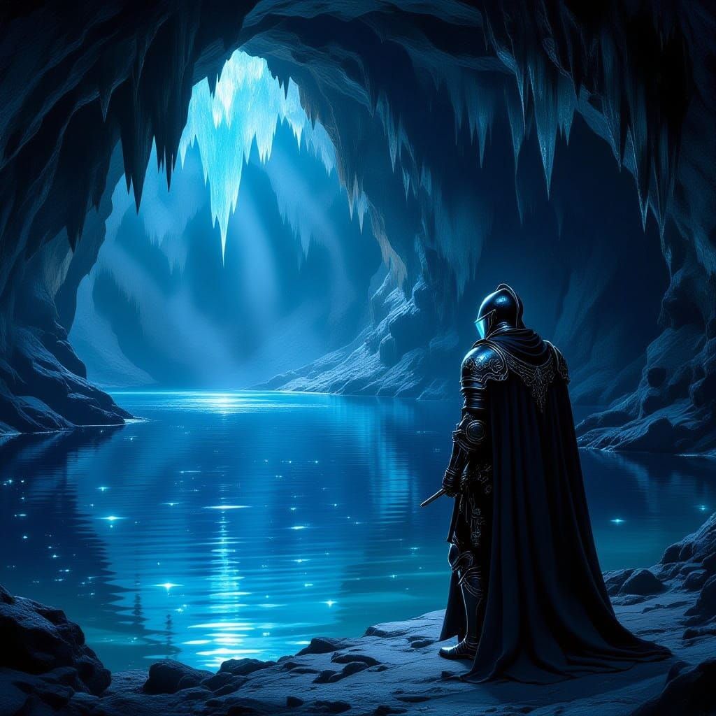 Knight by Subterranean Lake in Gothic Style