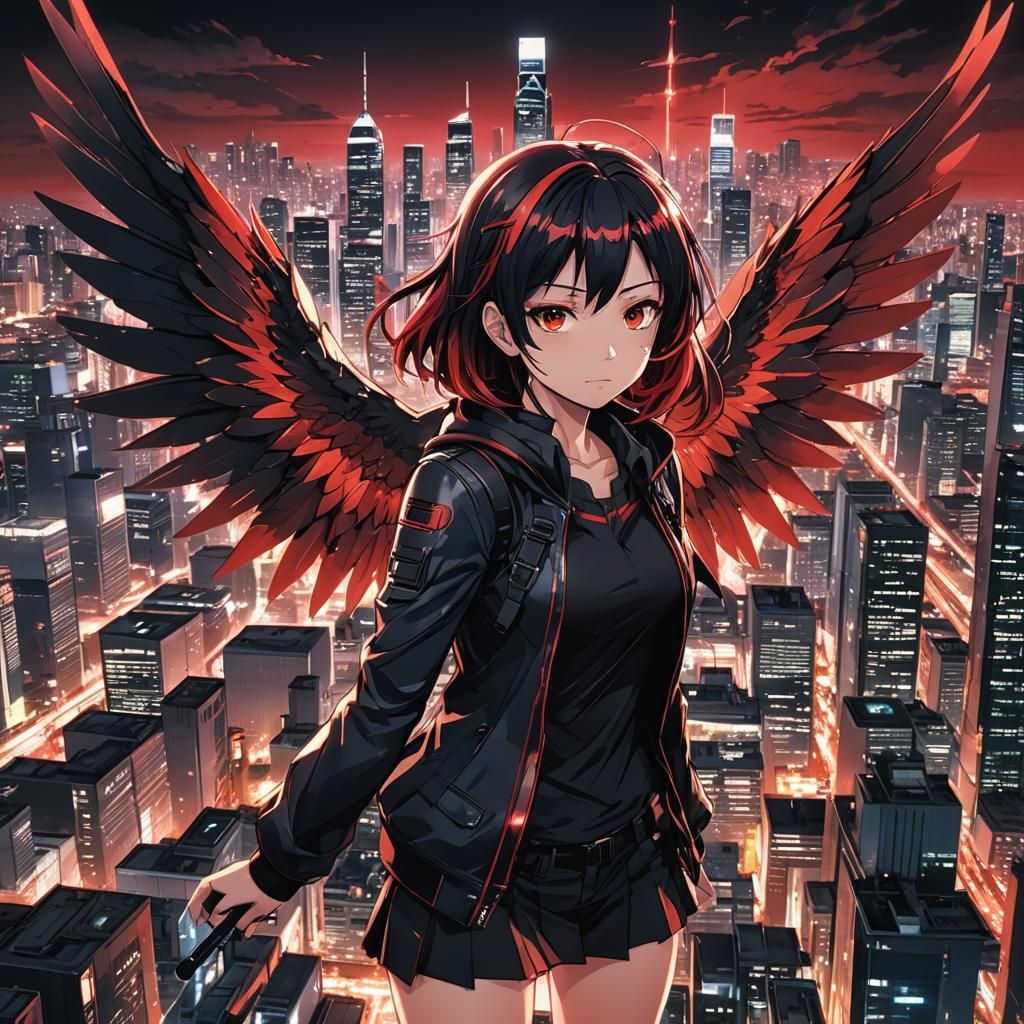Anime Girl with Wings over Cyberpunk Cityscape