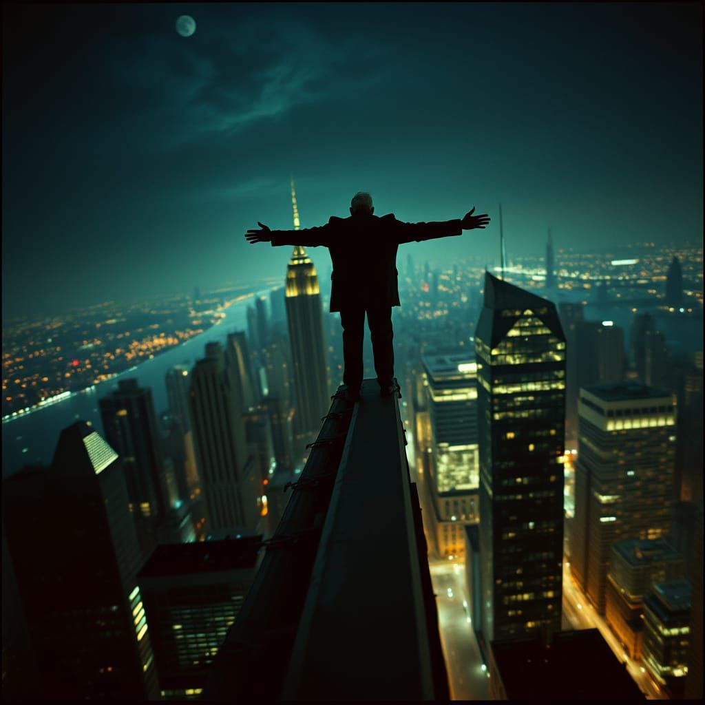 Lone Man on NYC Rooftop Under Moonlight: Cinematic Still