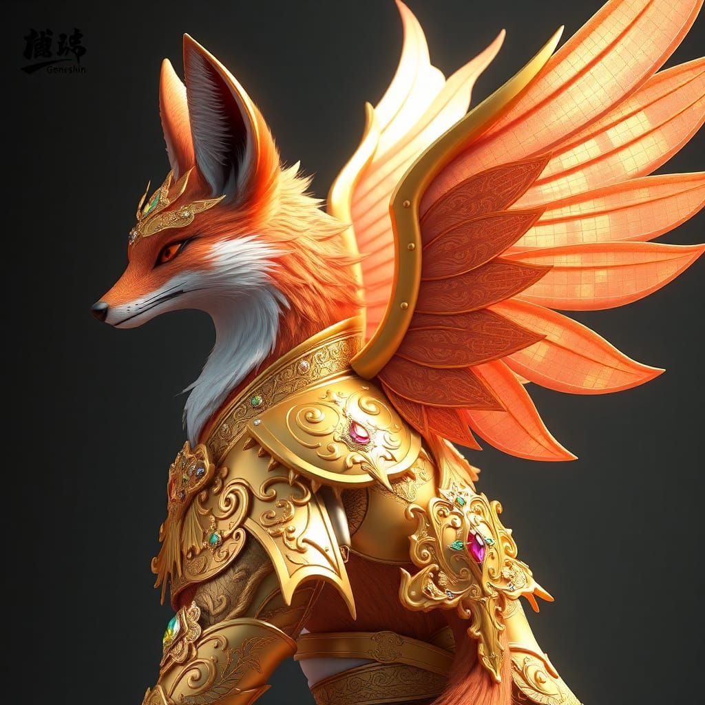 Majestic Armored Fox with Iridescent Wings in Anime Style