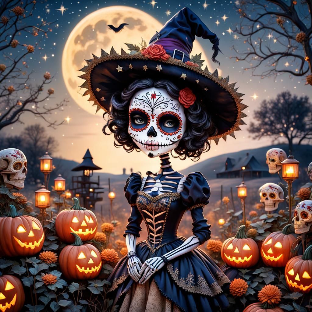 Sugar Skull Betty Boop Scarecrow in Halloween Field